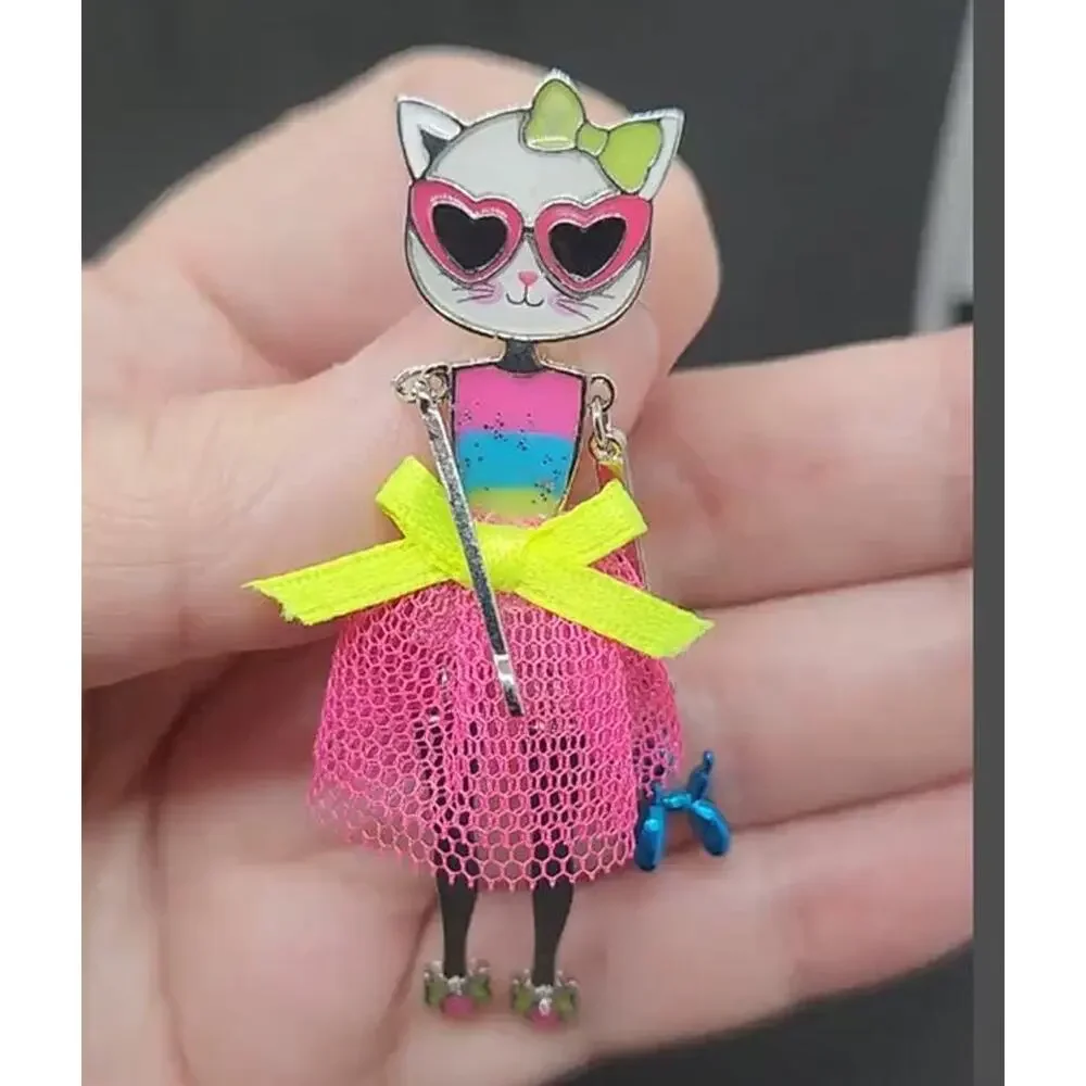Cat Brooch Whimsical Tulle Skirt Sunglasses Balloon Animal Dangling Arms & Legs